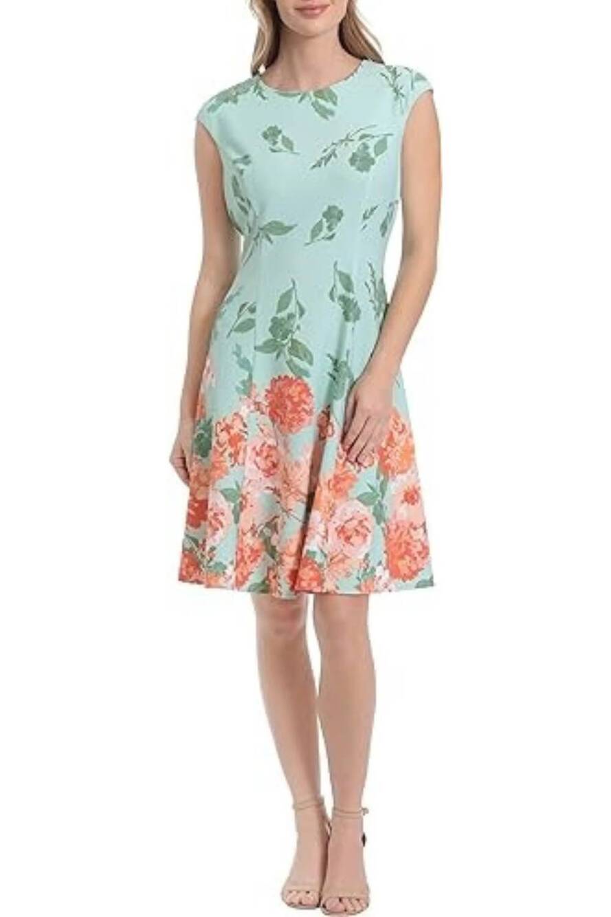 NEW LONDON TIMES floral print fit & flare dress in mint coral